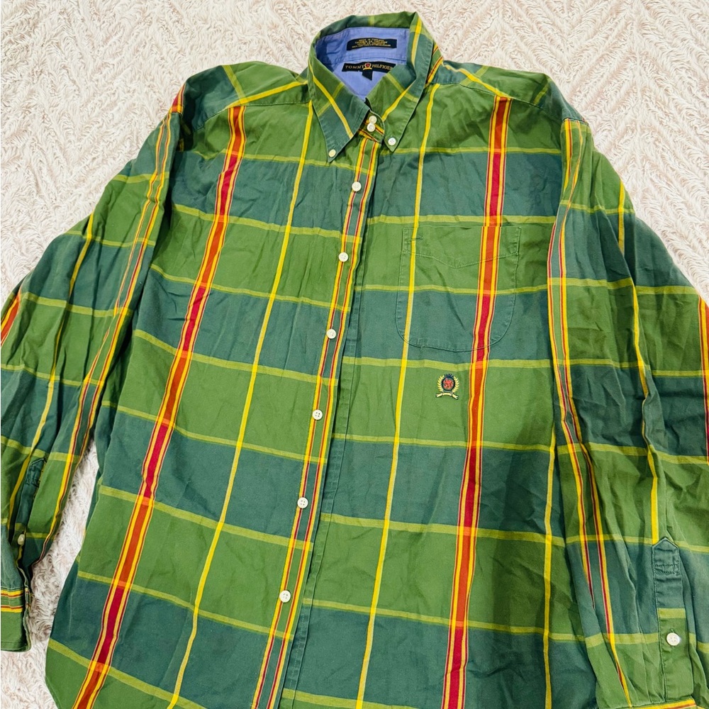 Tommy Hilfiger Green Dress Shirt with Plaid Pattern